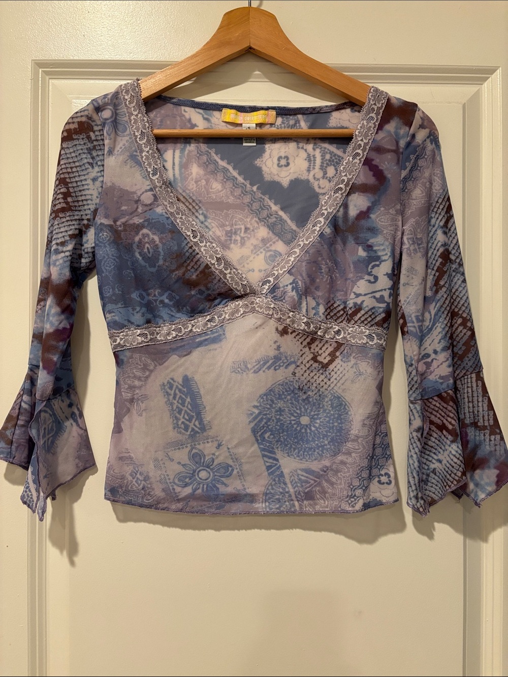 Urban Outfitters Lavender and Blue Printed V-Neck Lace Trim Blouse